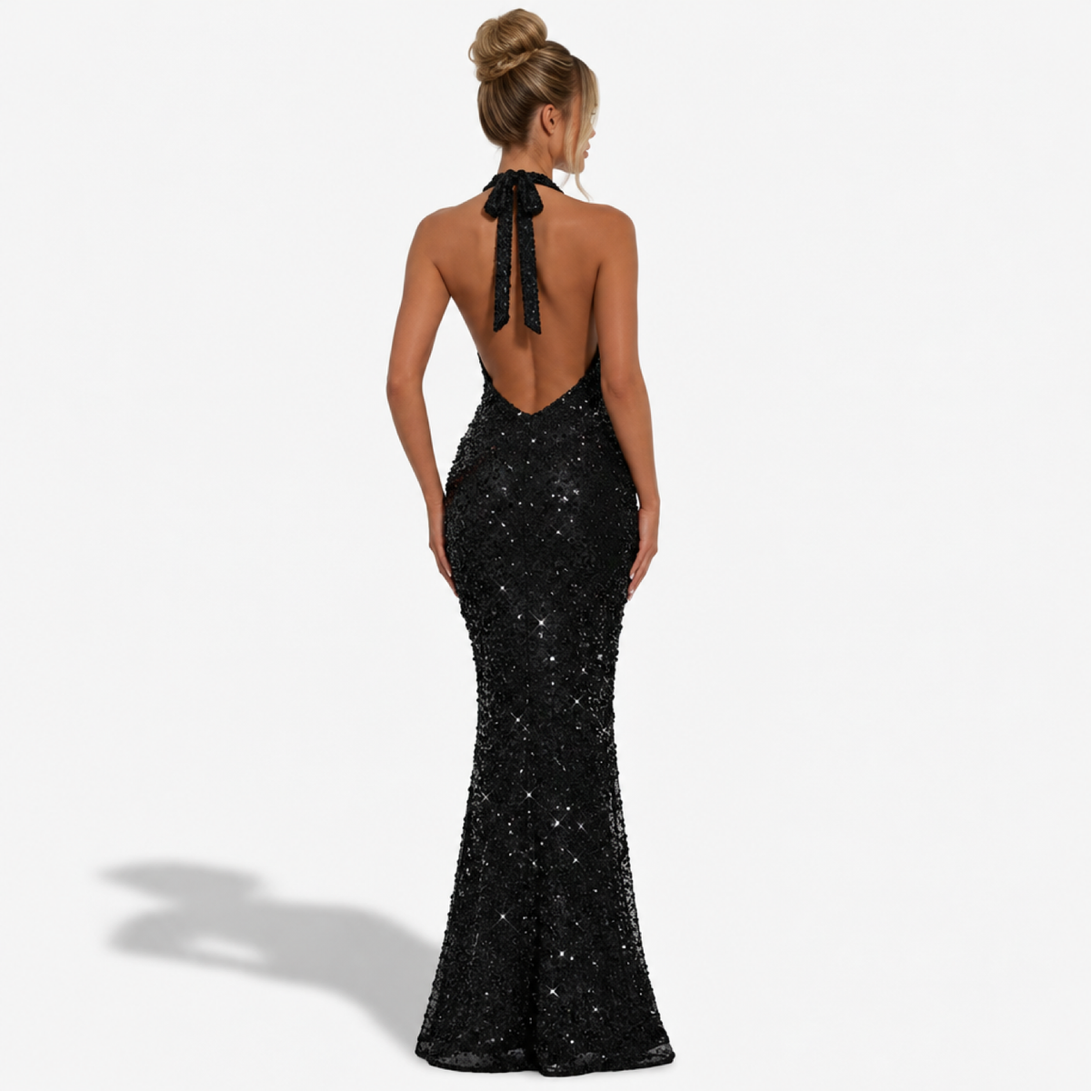 Robe longue halter dos nu col V, noir, vue de dos