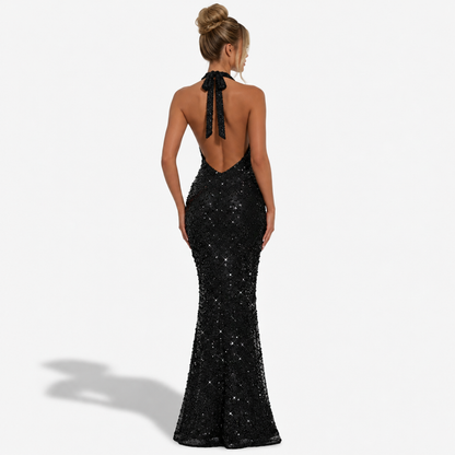 Robe longue halter dos nu col V, noir, vue de dos