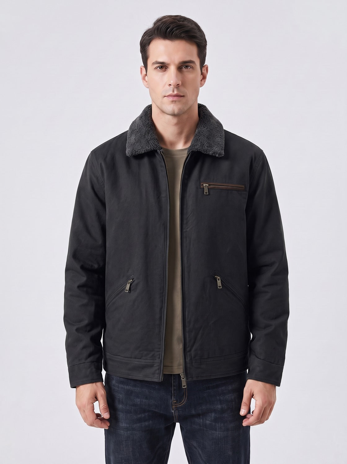 Veste de travail homme noire avec doublure polaire, vue de face - photo studio