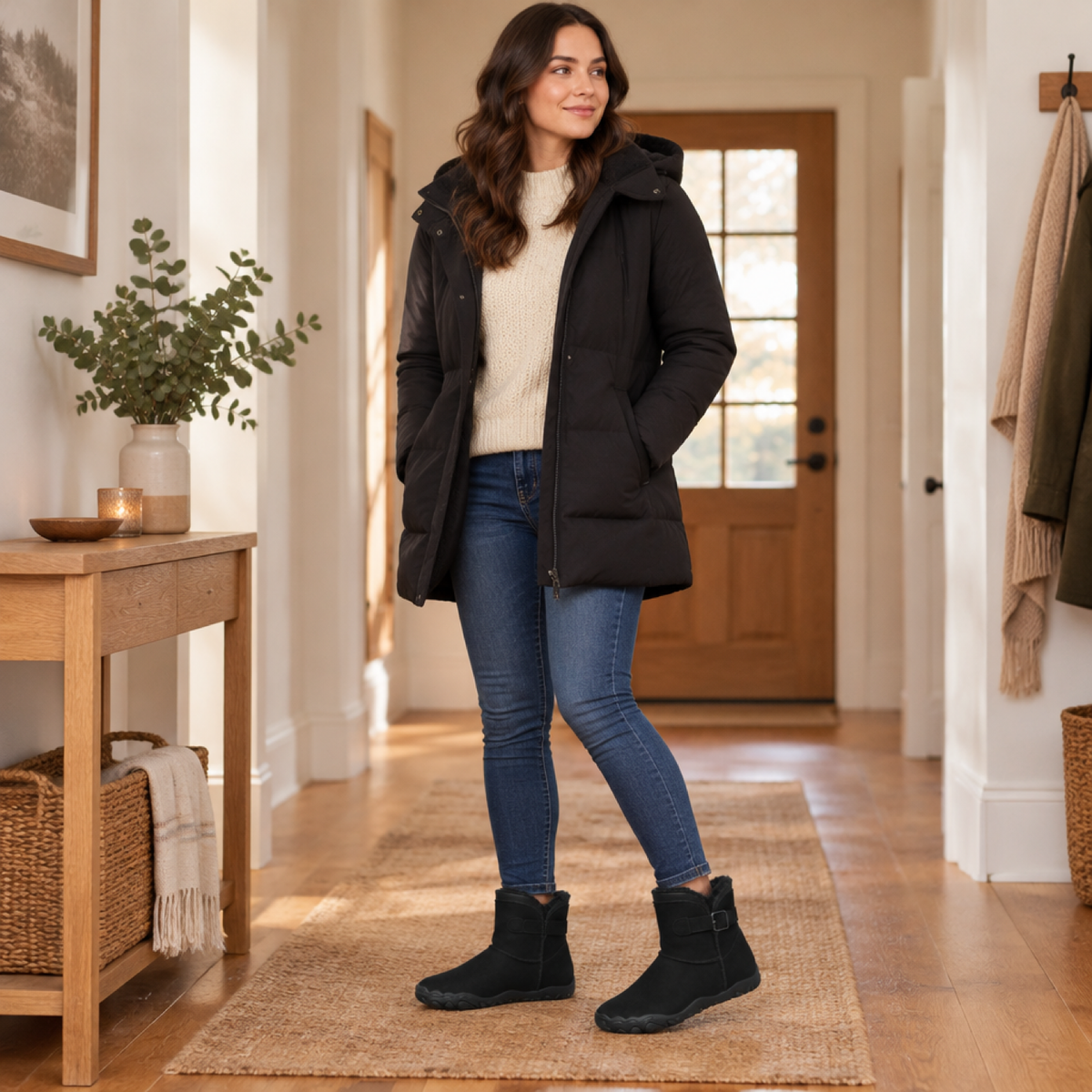 Bottines barefoot imperméables femme, coloris noir, portées en intérieur