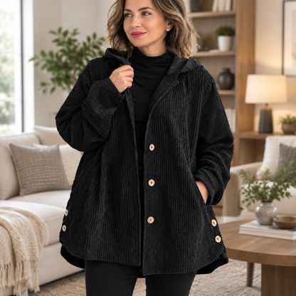 manteau femme noir, porté par une mannequin en intérieur