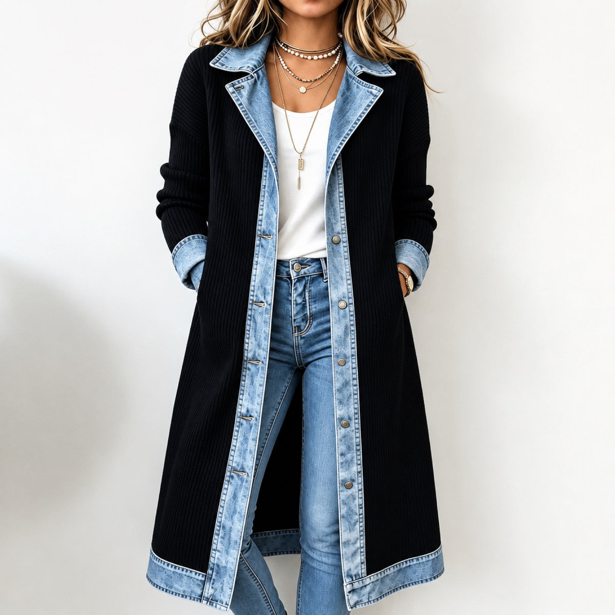 Cardigan long femme col et revers en denim délavé, coloris noir, porté avec un jean