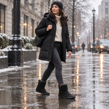 Bottines barefoot imperméables femme, coloris noir, portées en extérieur sous la pluie