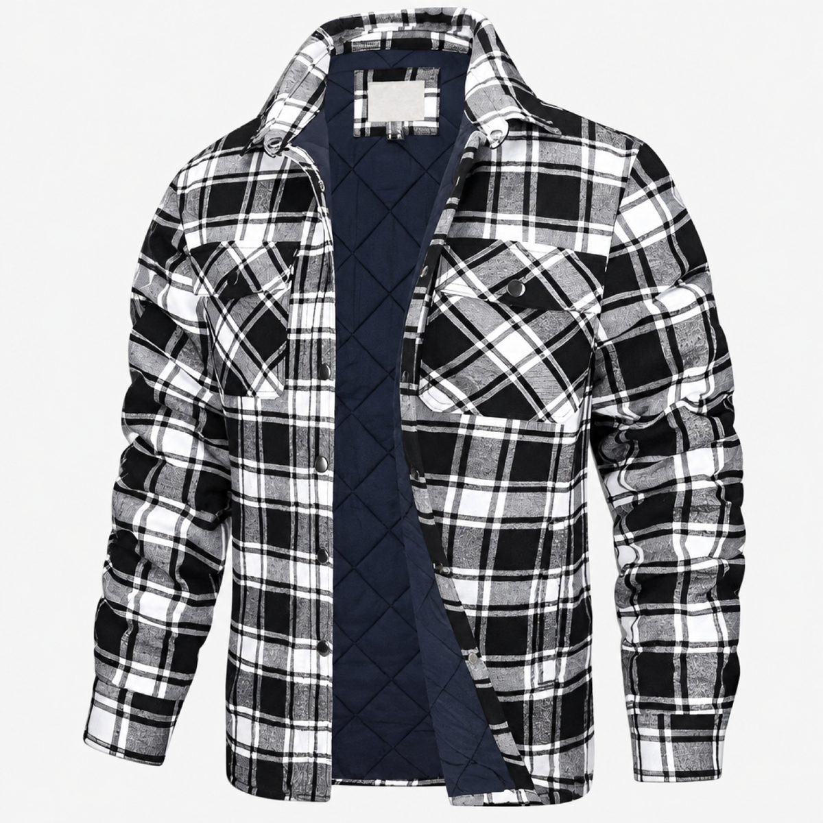 Surchemise homme doublée sherpa coloris noir et blanc à carreaux, vue de face sur fond blanc