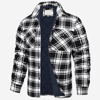 Surchemise homme doublée sherpa coloris noir et blanc à carreaux, vue de face sur fond blanc