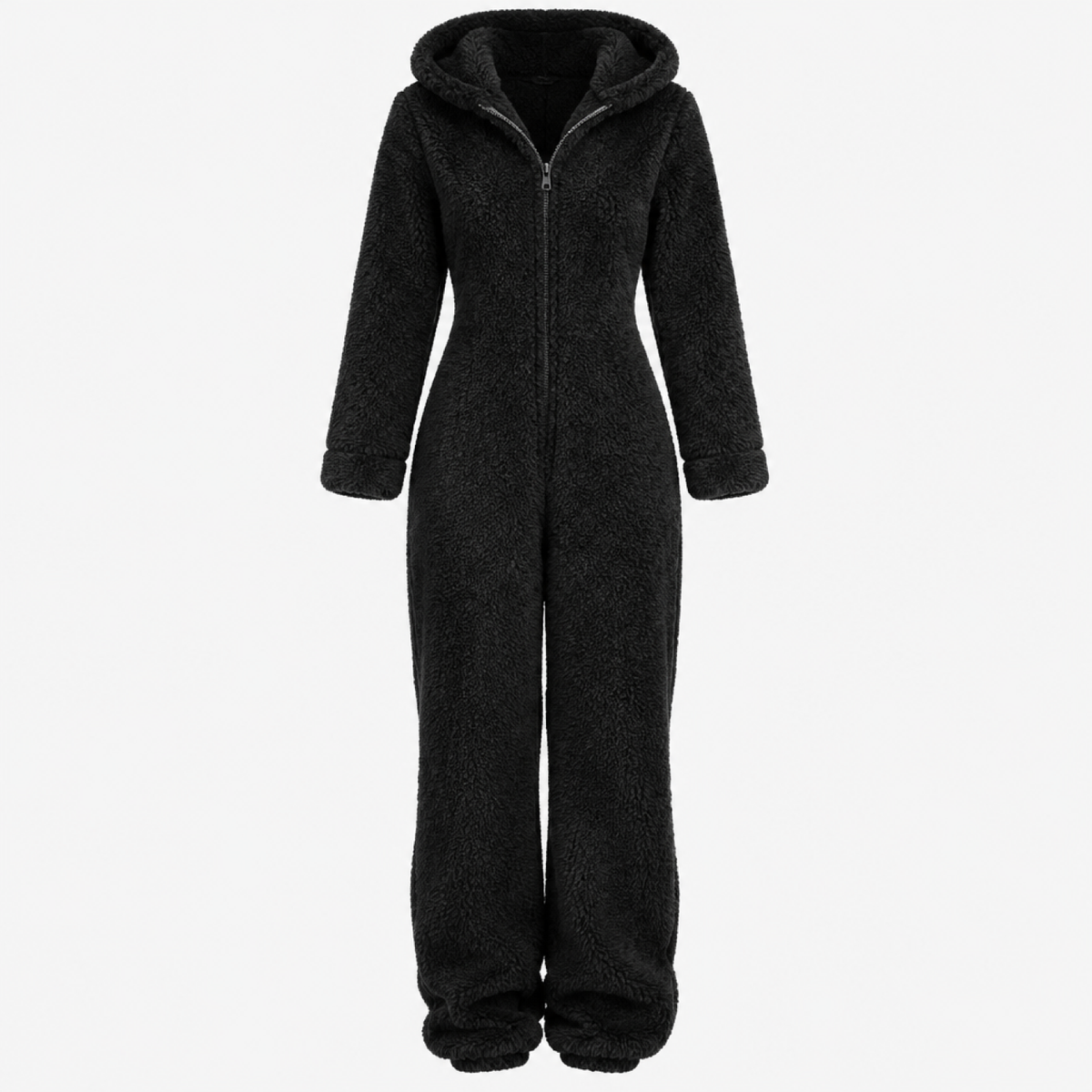Combinaison polaire femme noire, vue studio de face avec fermeture éclair