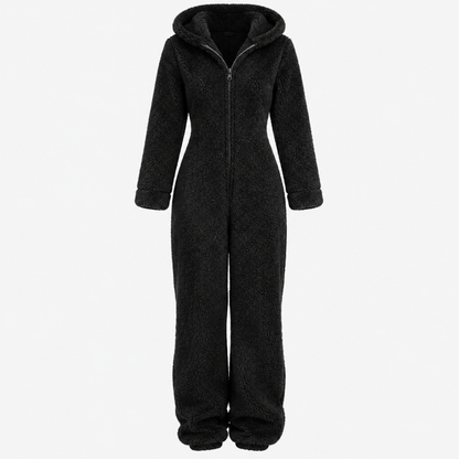 Combinaison polaire femme noire, vue studio de face avec fermeture éclair