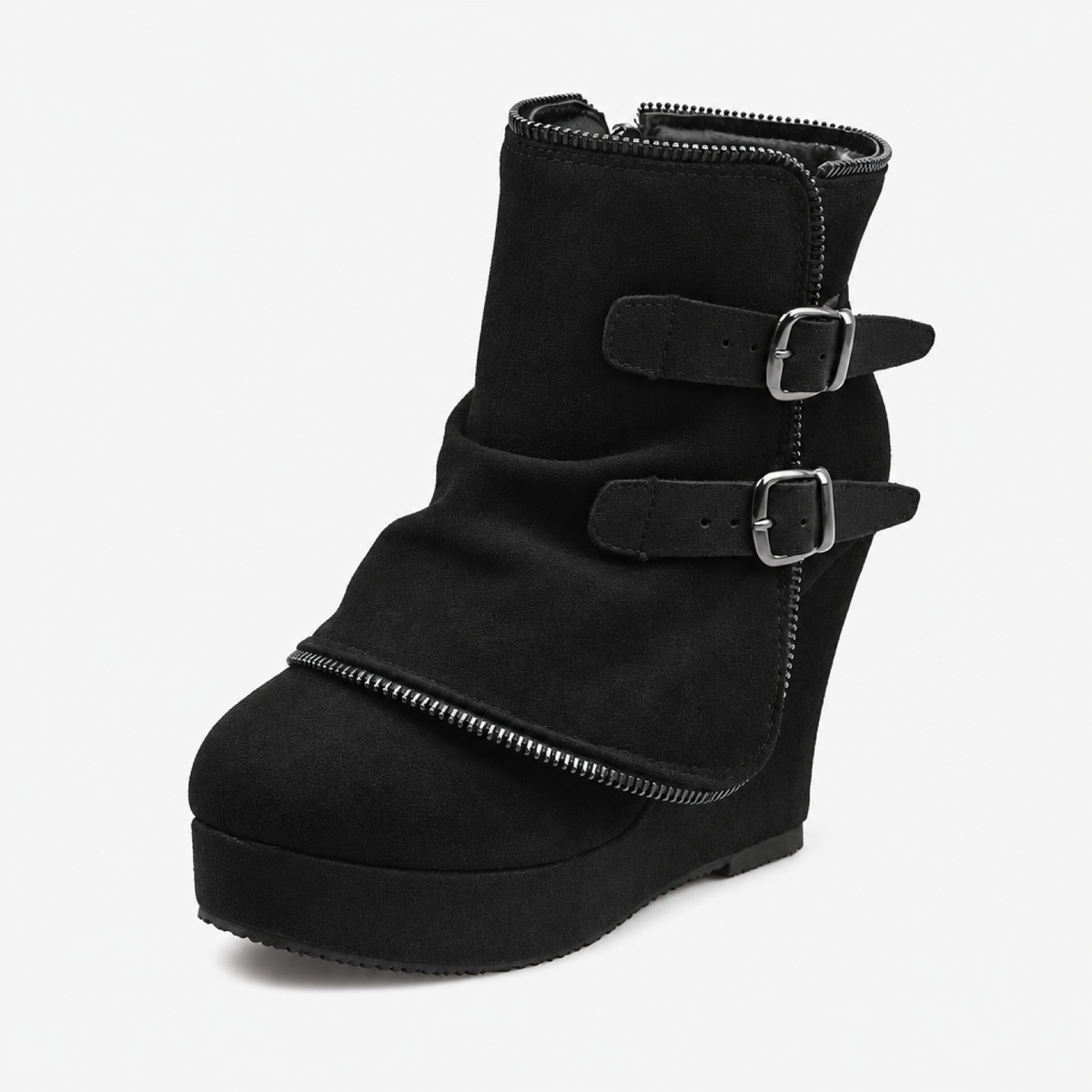 Bottines chunky à boucles rétro, coloris noir, vue trois-quarts sur fond blanc