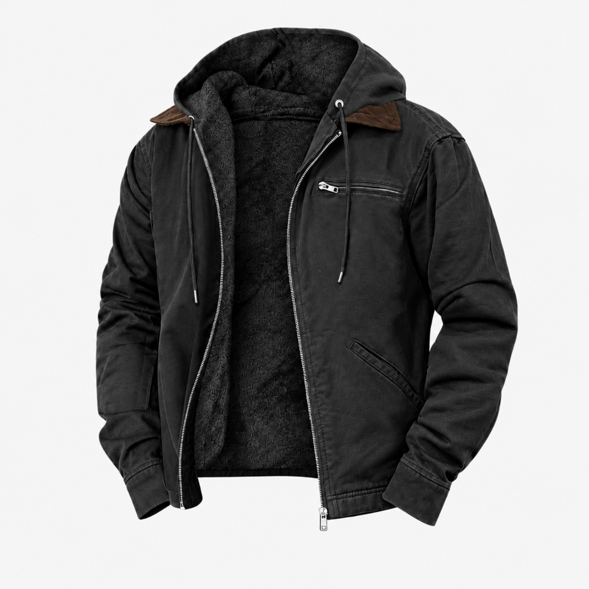 Veste imperméable à capuche noire doublée polaire, vue studio