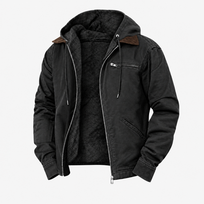 Veste imperméable à capuche noire doublée polaire, vue studio