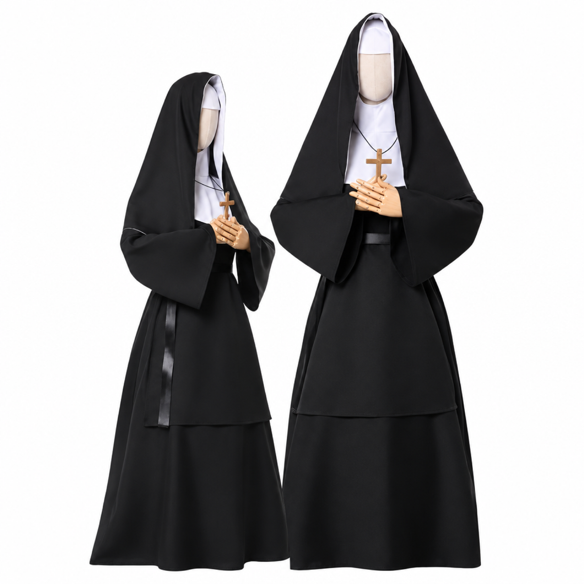 Déguisement nonne noire femme, robe longue avec voile et collier crucifix, vue de face et de profil