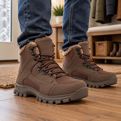 Homme portant les bottes d'hiver marron à l'intérieur d'une entrée de maison