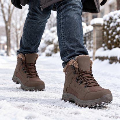 Homme portant les bottes d'hiver marron en extérieur dans la neige