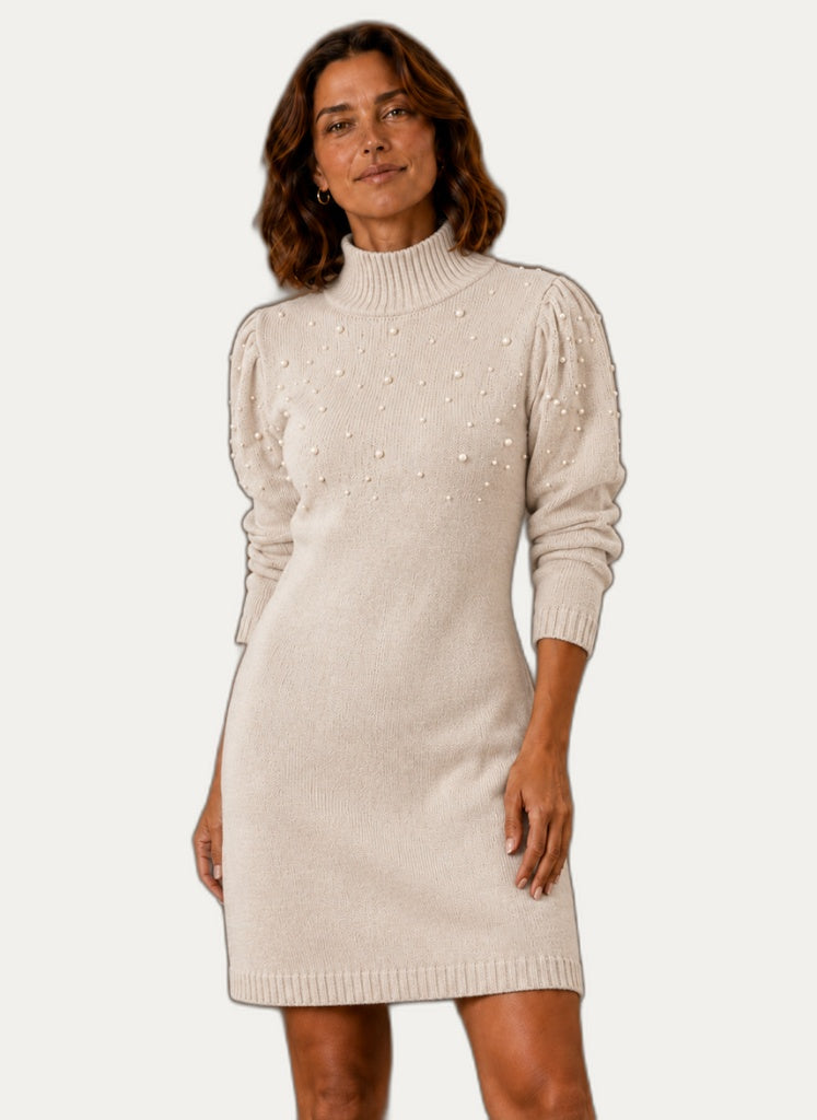 Robe en maille pour femme avec col montant et perles