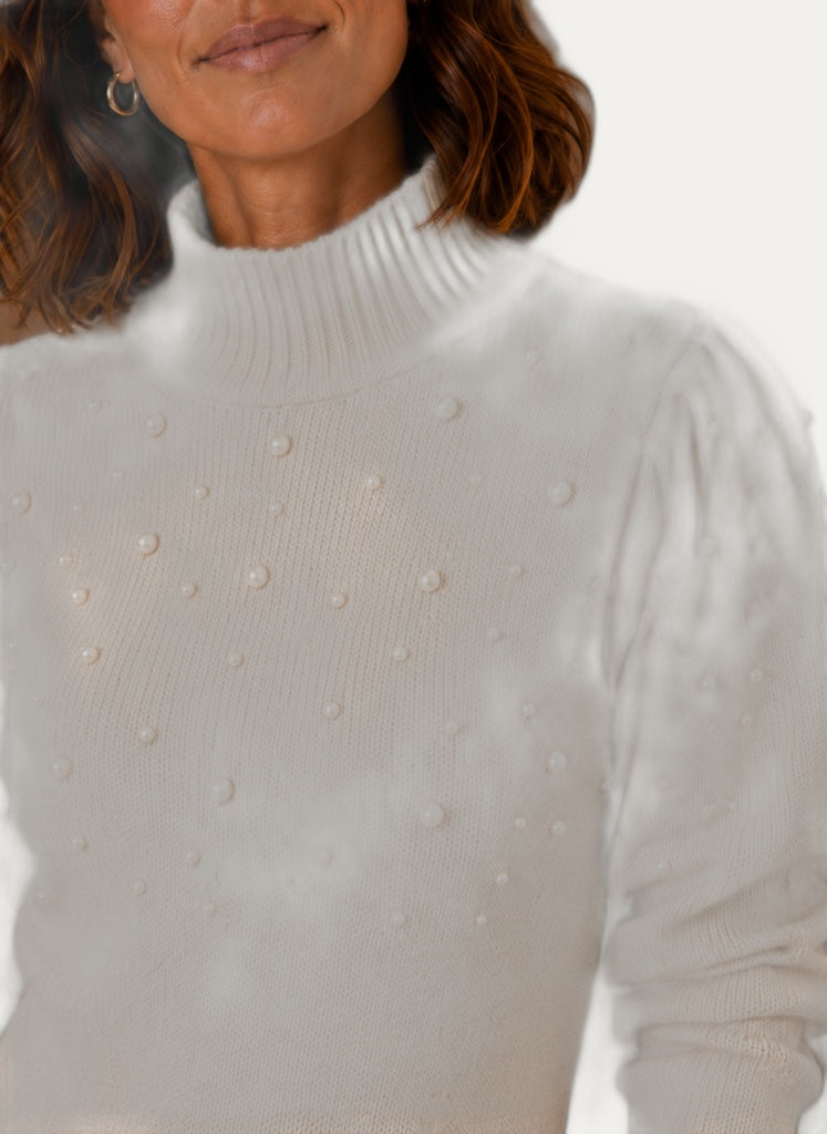 Robe en maille pour femme avec col montant et perles