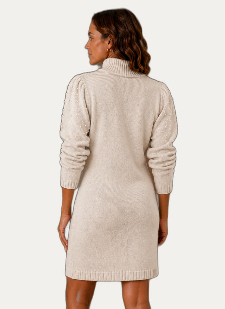 Robe en maille pour femme avec col montant et perles