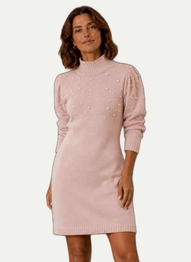 Robe en maille pour femme avec col montant et perles