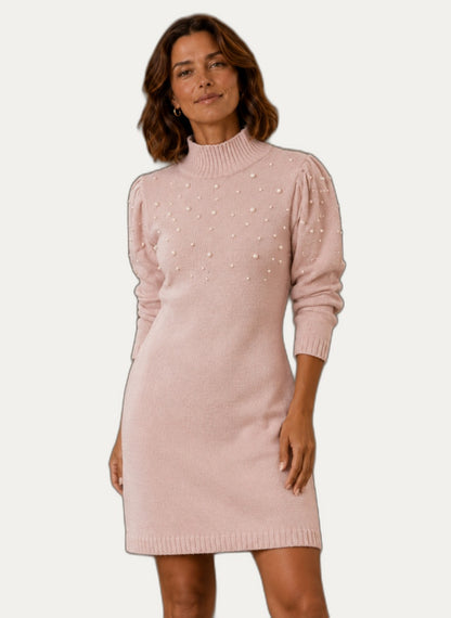 Robe en maille pour femme avec col montant et perles