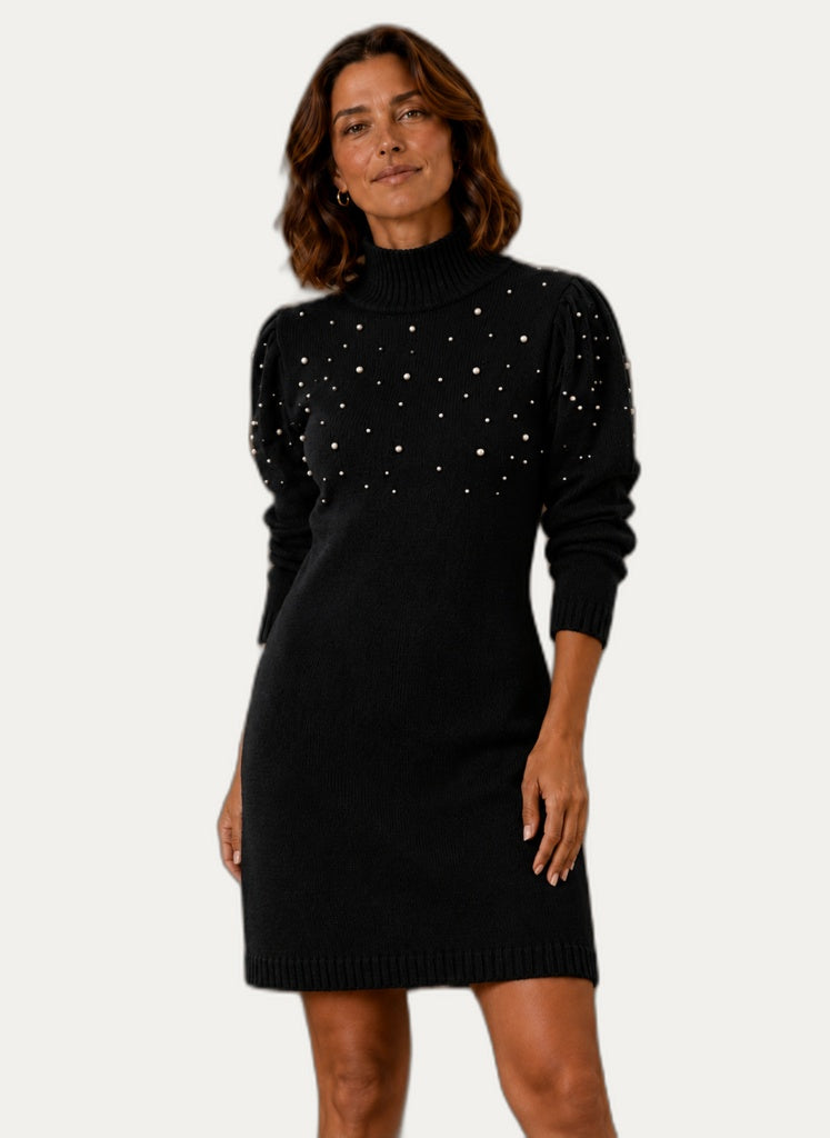 Robe en maille pour femme avec col montant et perles