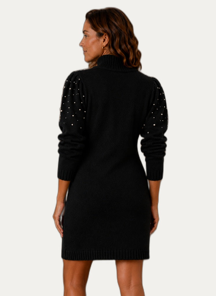 Robe en maille pour femme avec col montant et perles