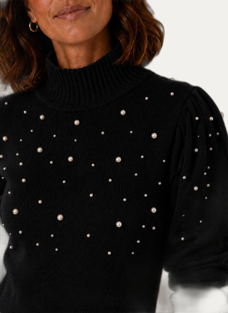 Robe en maille pour femme avec col montant et perles