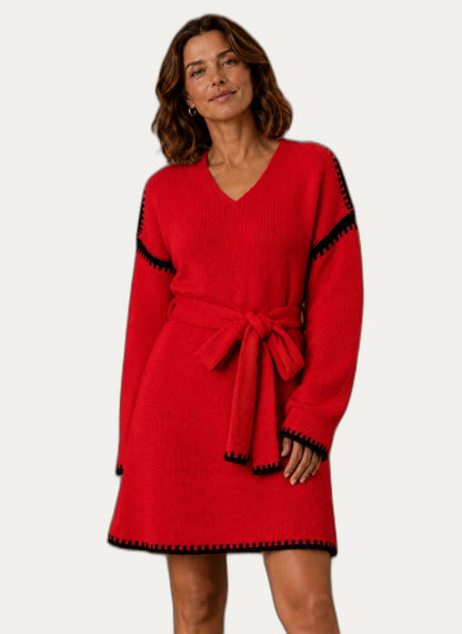 Robe pull en V avec ceinture à la taille - Élégance confortable | Martaline