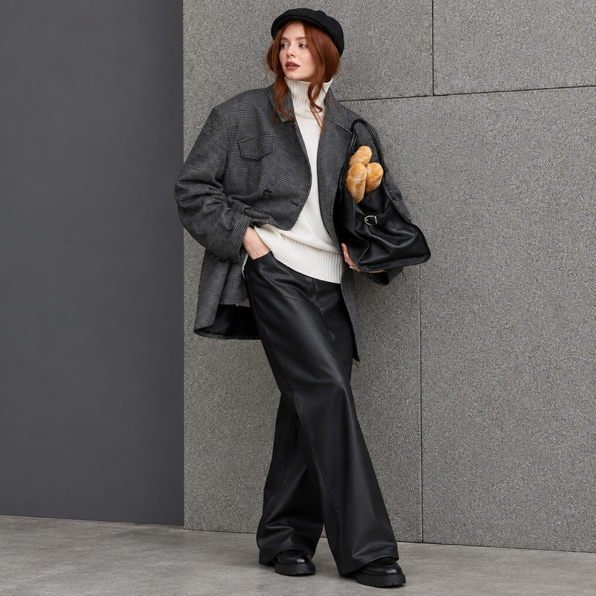 Manteau tweed croisé porté avec un pantalon, vue d'ensemble