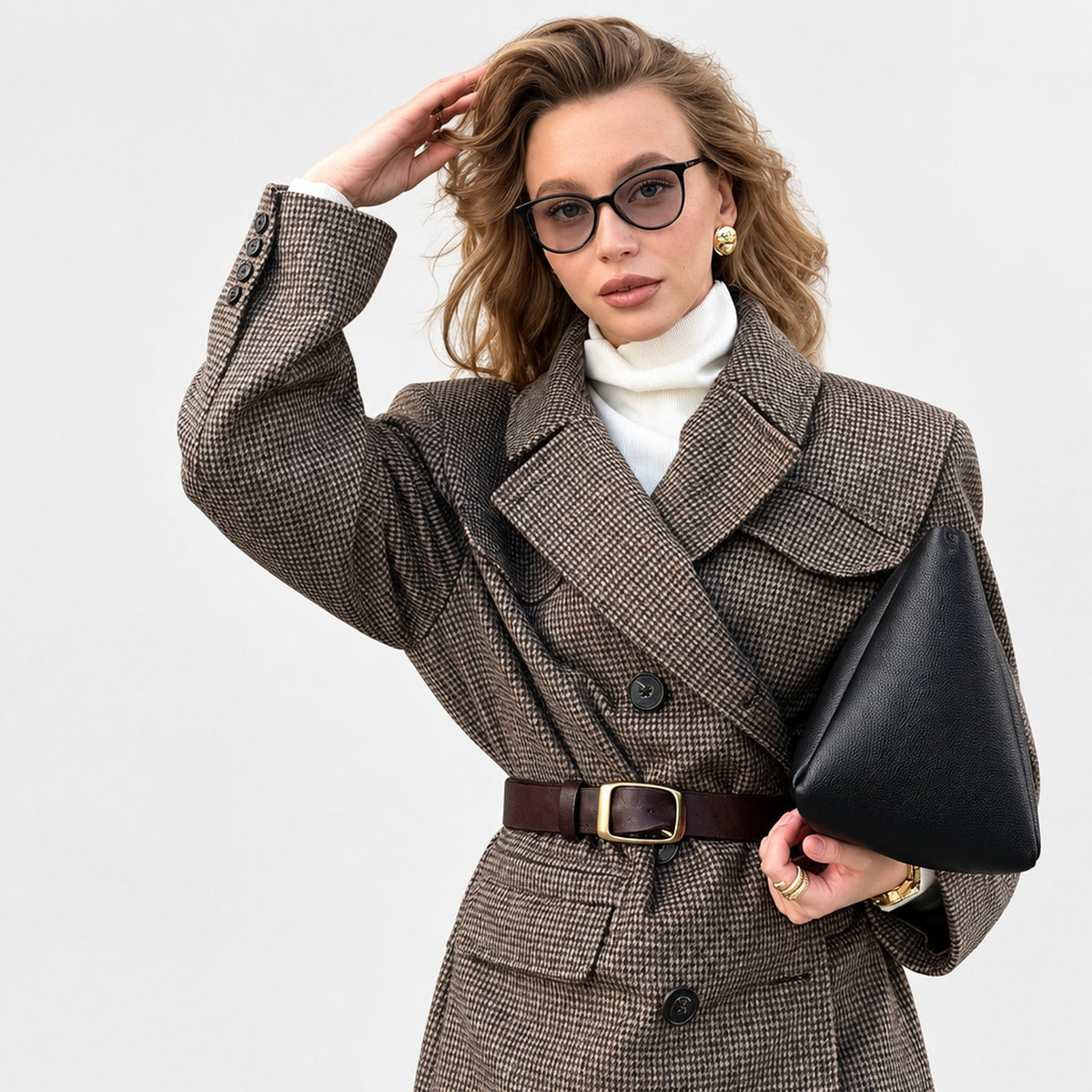 Manteau femme coupe ample en tweed, vue de profil