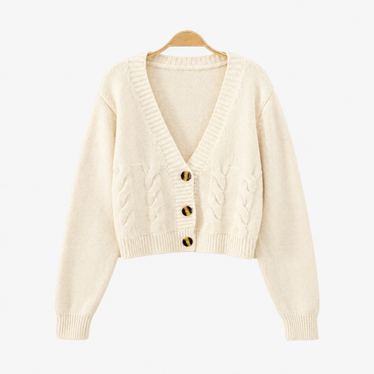 Gilet court torsadé femme beige – vue de face, boutons effet corne