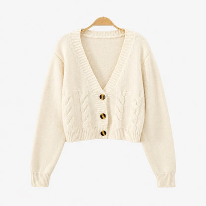 Gilet court torsadé femme beige – vue de face, boutons effet corne