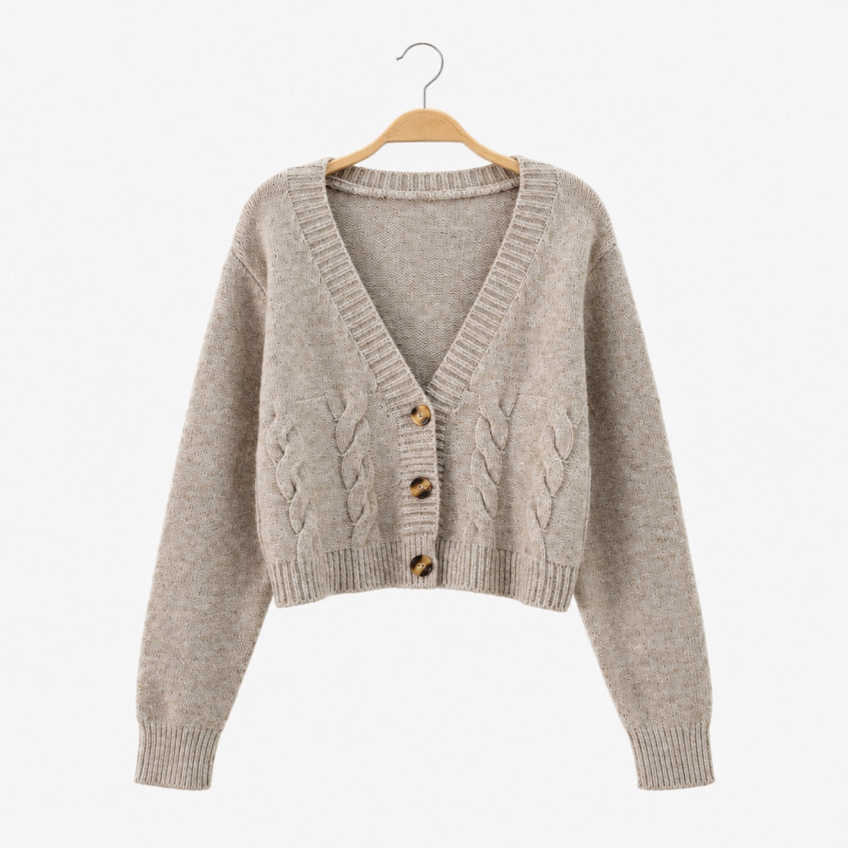 Gilet court torsadé femme beige sable – vue de face, boutons effet corne