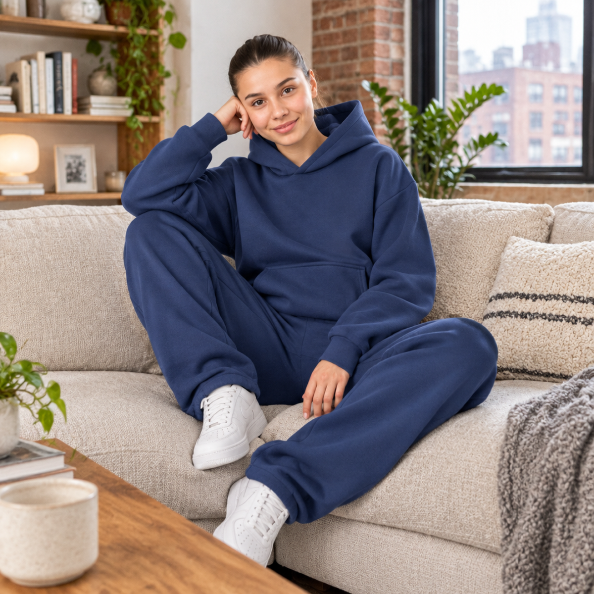 Ensemble hoodie oversize et jogging femme bleu porté par une modèle en intérieur
