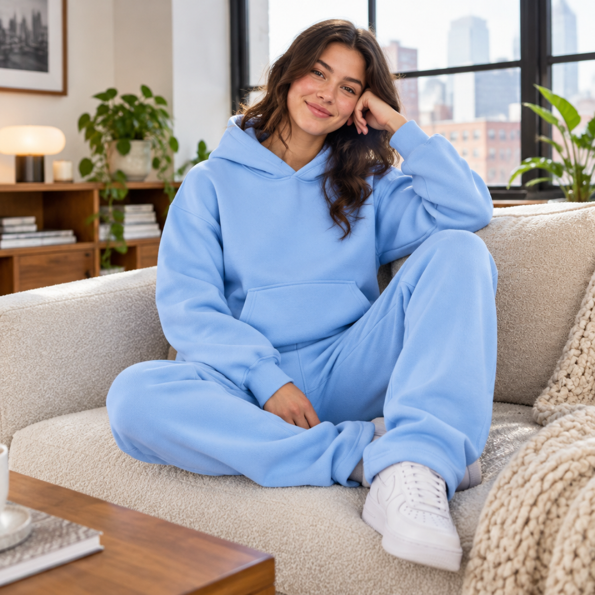 Ensemble hoodie oversize et jogging femme bleu clair porté par une modèle en intérieur