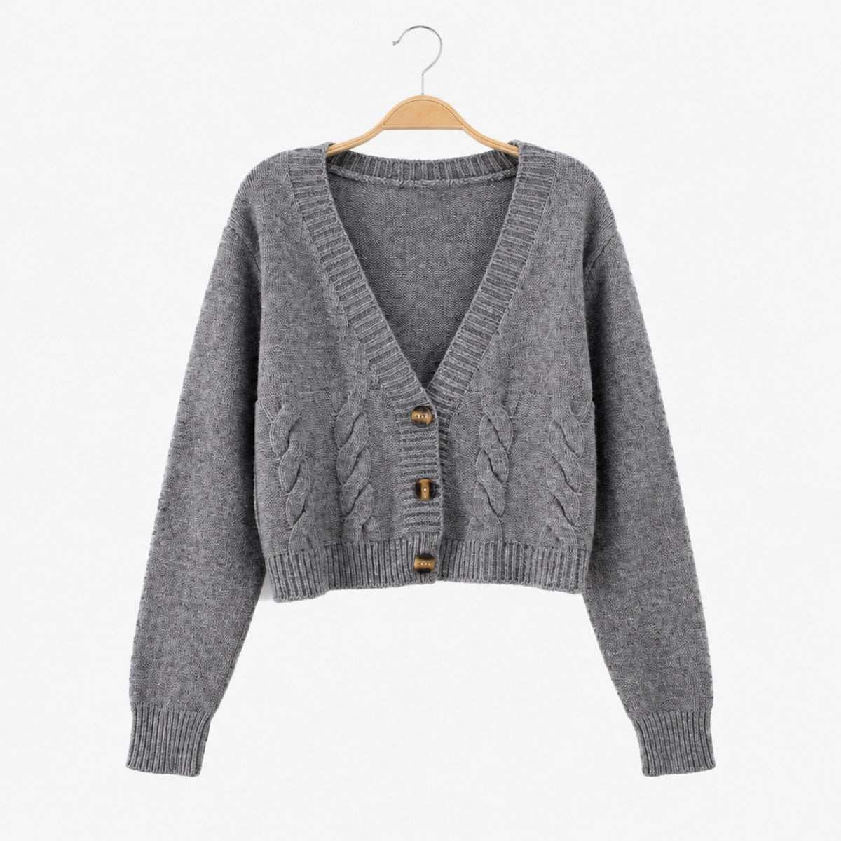 Gilet court torsadé femme gris – vue de face, boutons effet corne