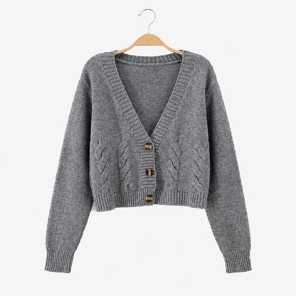 Gilet court torsadé femme gris – vue de face, boutons effet corne