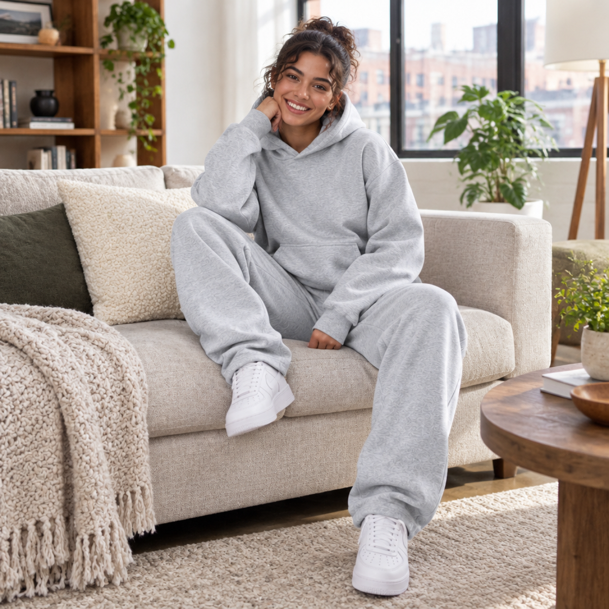 Ensemble hoodie oversize et jogging femme gris clair porté par une modèle en intérieur