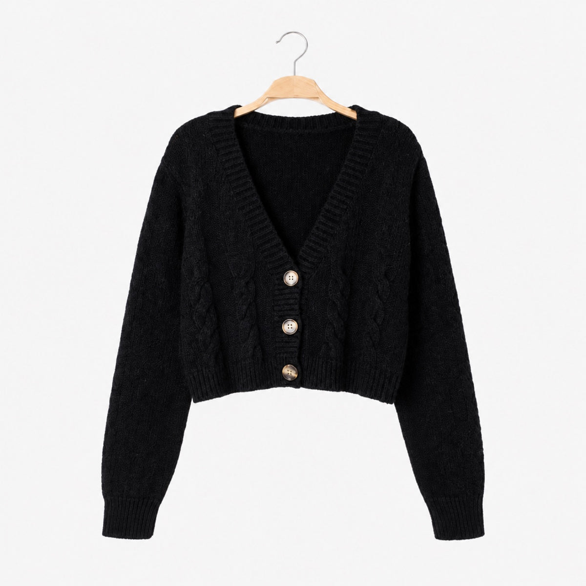 Gilet court torsadé femme noir – vue de face, boutons effet corne