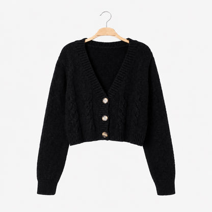 Gilet court torsadé femme noir – vue de face, boutons effet corne