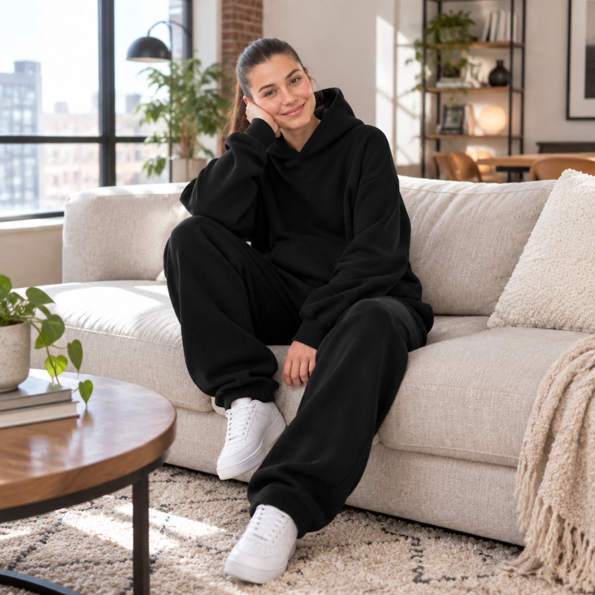 Ensemble hoodie oversize et jogging femme noir porté par une modèle en intérieur