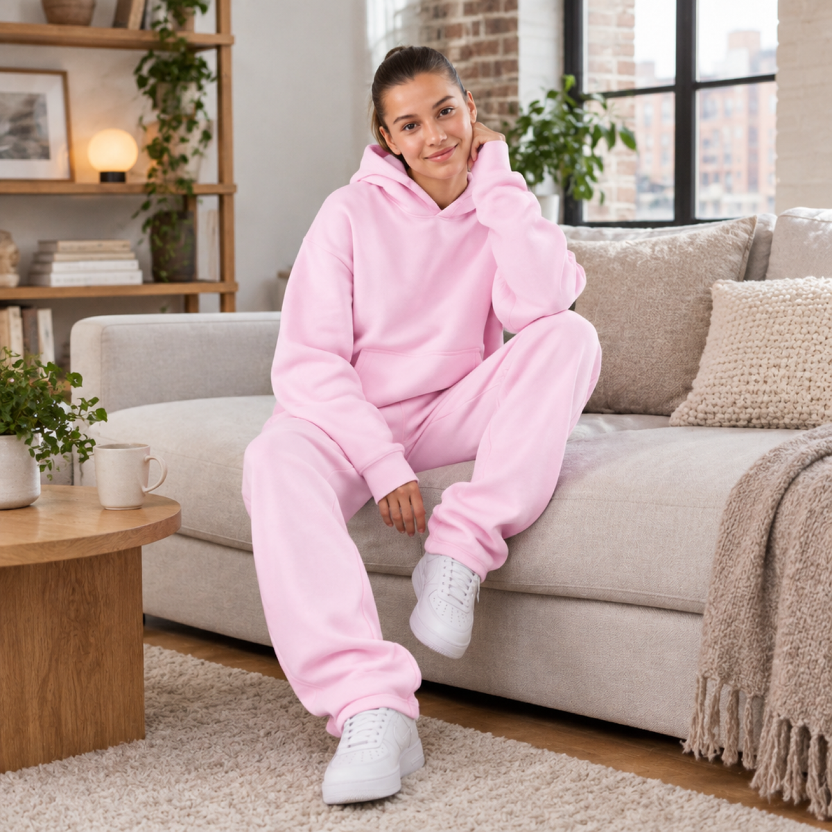 Ensemble hoodie oversize et jogging femme rose clair porté par une modèle en intérieur