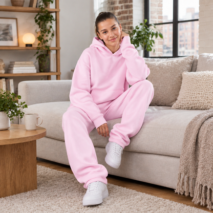 Ensemble hoodie oversize et jogging femme rose clair porté par une modèle en intérieur