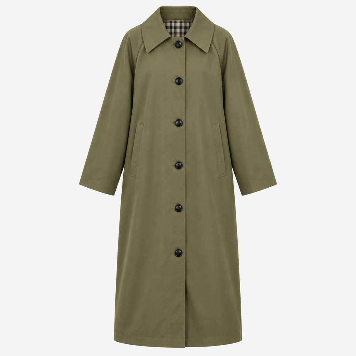 Manteau long oversize kaki vu de face, col et boutonnage
