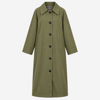 Manteau long oversize kaki vu de face, col et boutonnage