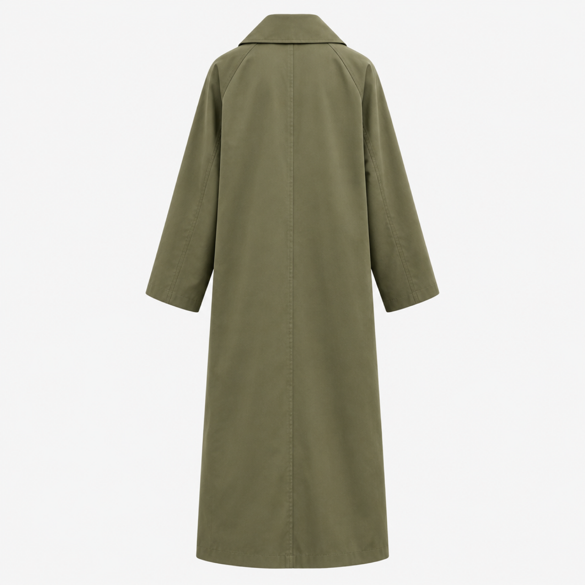 Manteau long oversize kaki vu de dos, coupe ample