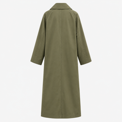 Manteau long oversize kaki vu de dos, coupe ample