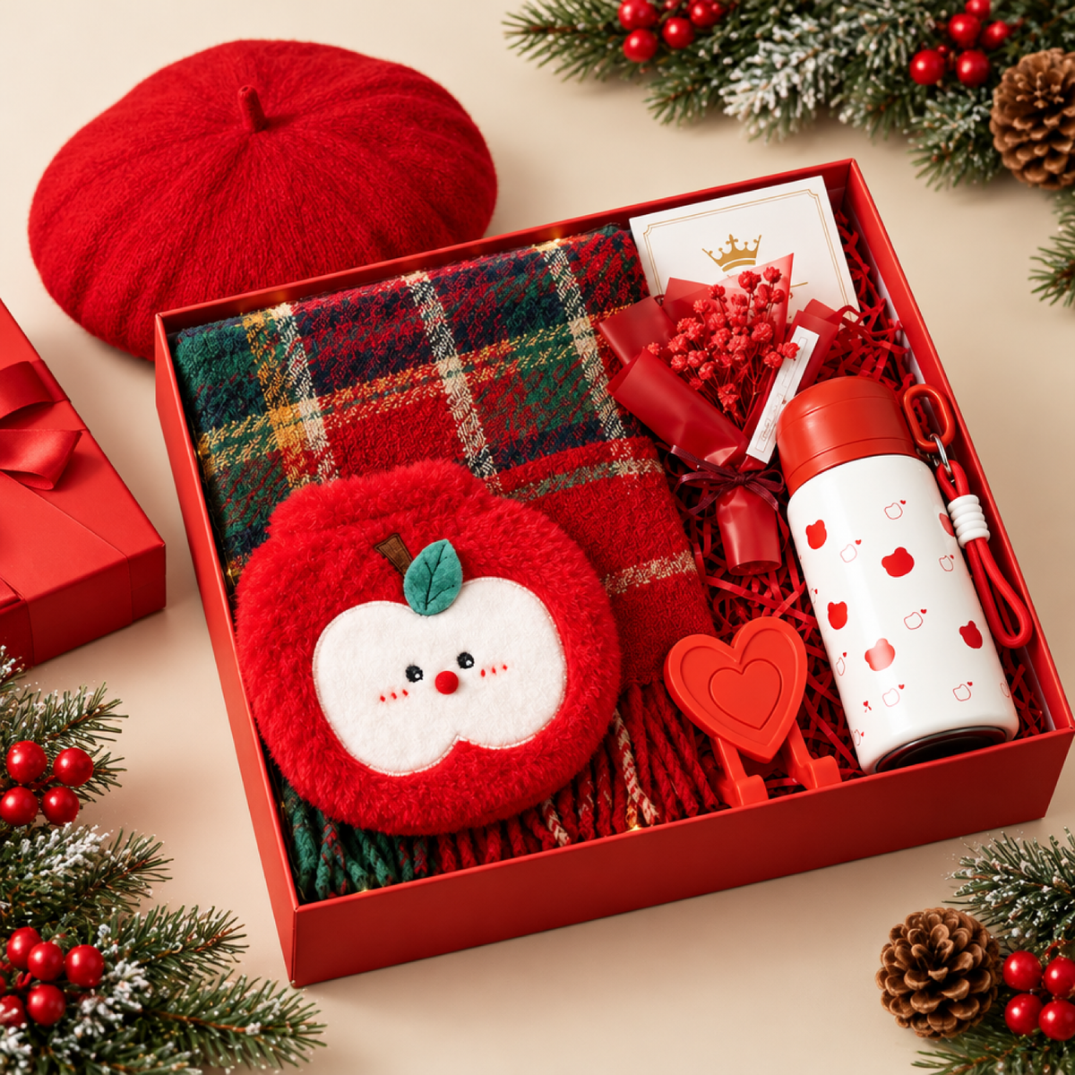 Coffret cadeau hiver avec béret rouge, écharpe à carreaux, pochette chauffe-main pomme, gourde isotherme et fleurs séchées