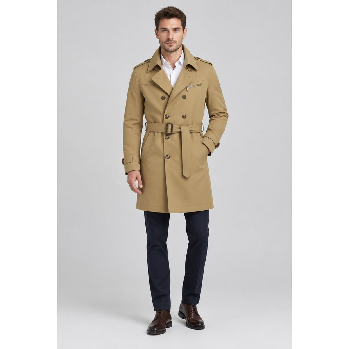 Trench-coat homme beige double boutonnage porté par un modèle, vue de face, studio professionnel