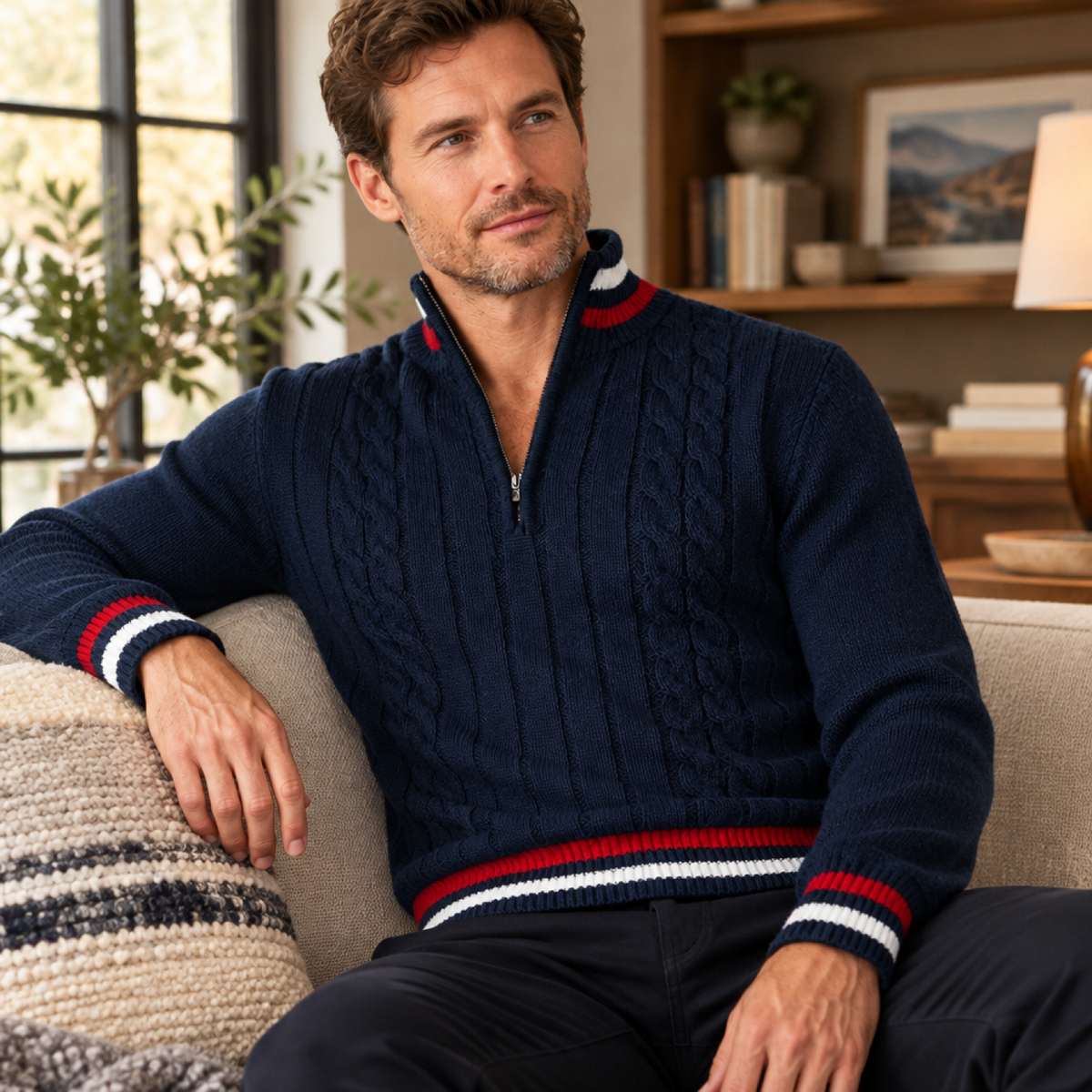 Pull homme marin bleu marine à demi-zip, porté par un modèle