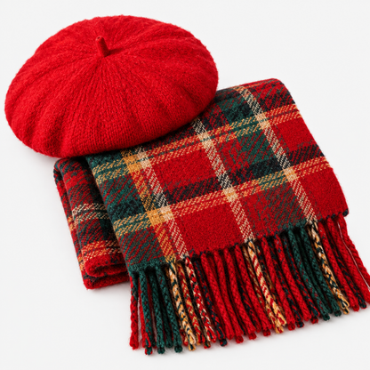 Détail béret en laine rouge et écharpe à carreaux tartan avec franges, fond studio clair
