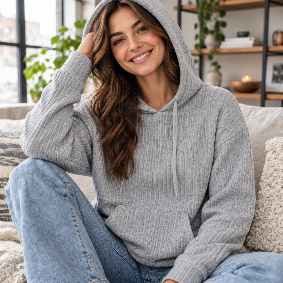 Hoodie femme à capuche et poche kangourou gris clair porté par une modèle en intérieur
